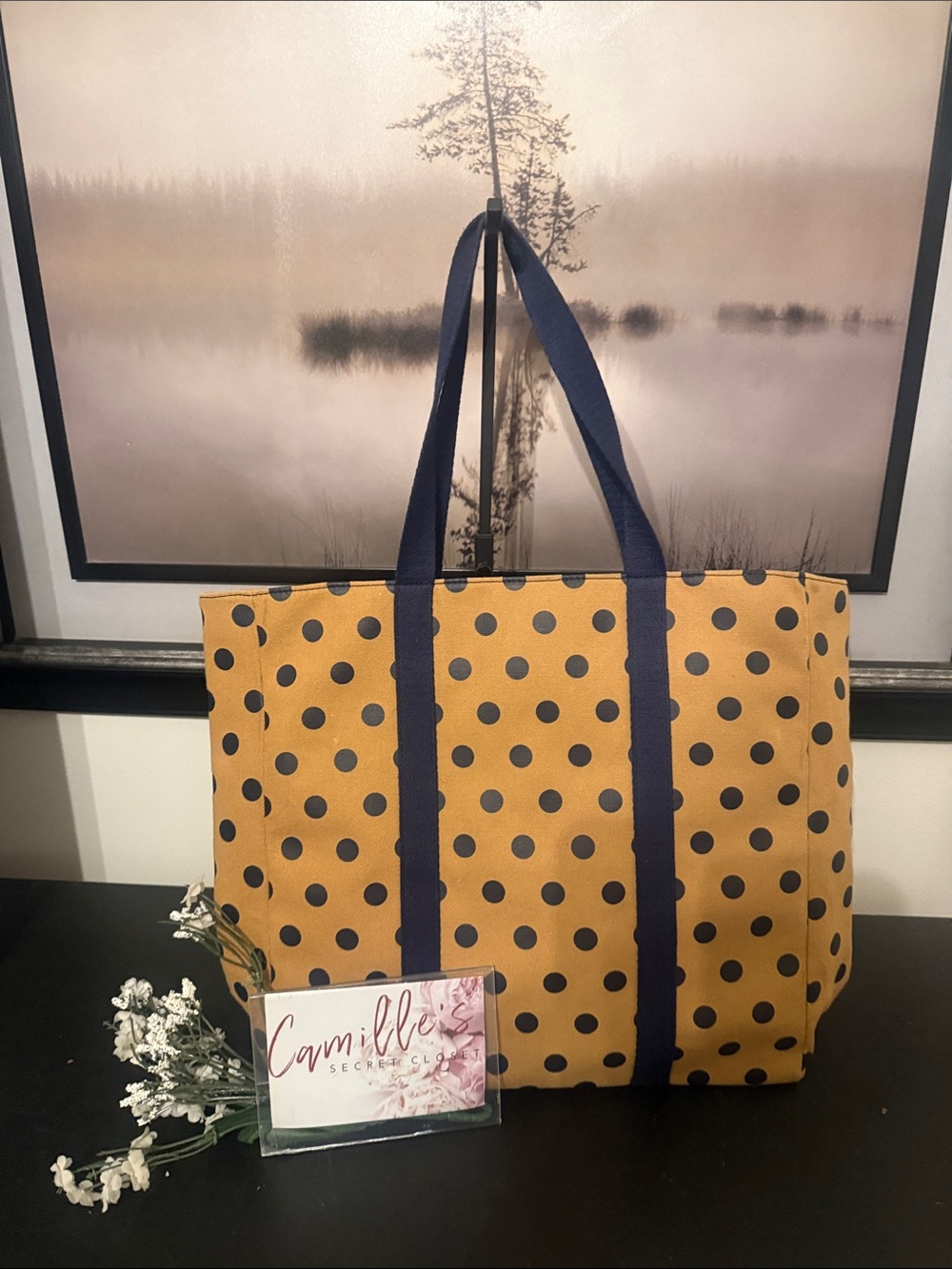 Talbots Tan Canvas Tote with Navy Polka Dots